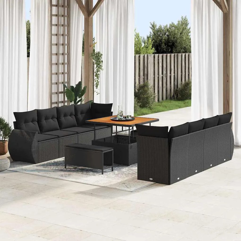 vidaXL Conjunto de sofá de jardim de 11 peças com almofadas pretas de rattan sintético e madeira de acácia