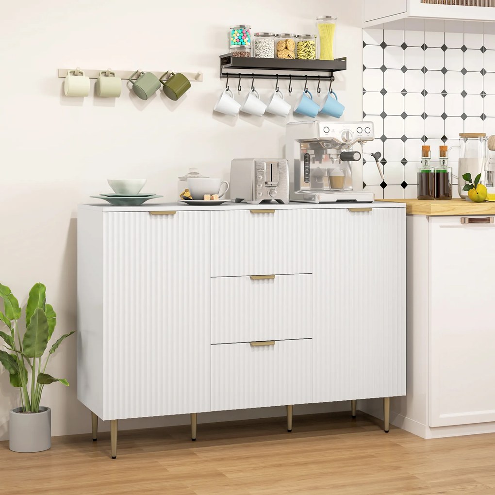 Aparador de Cozinha, 120 x 40 x 89,5 cm, 3 Gavetas e Prateleiras Ajustáveis, Branco