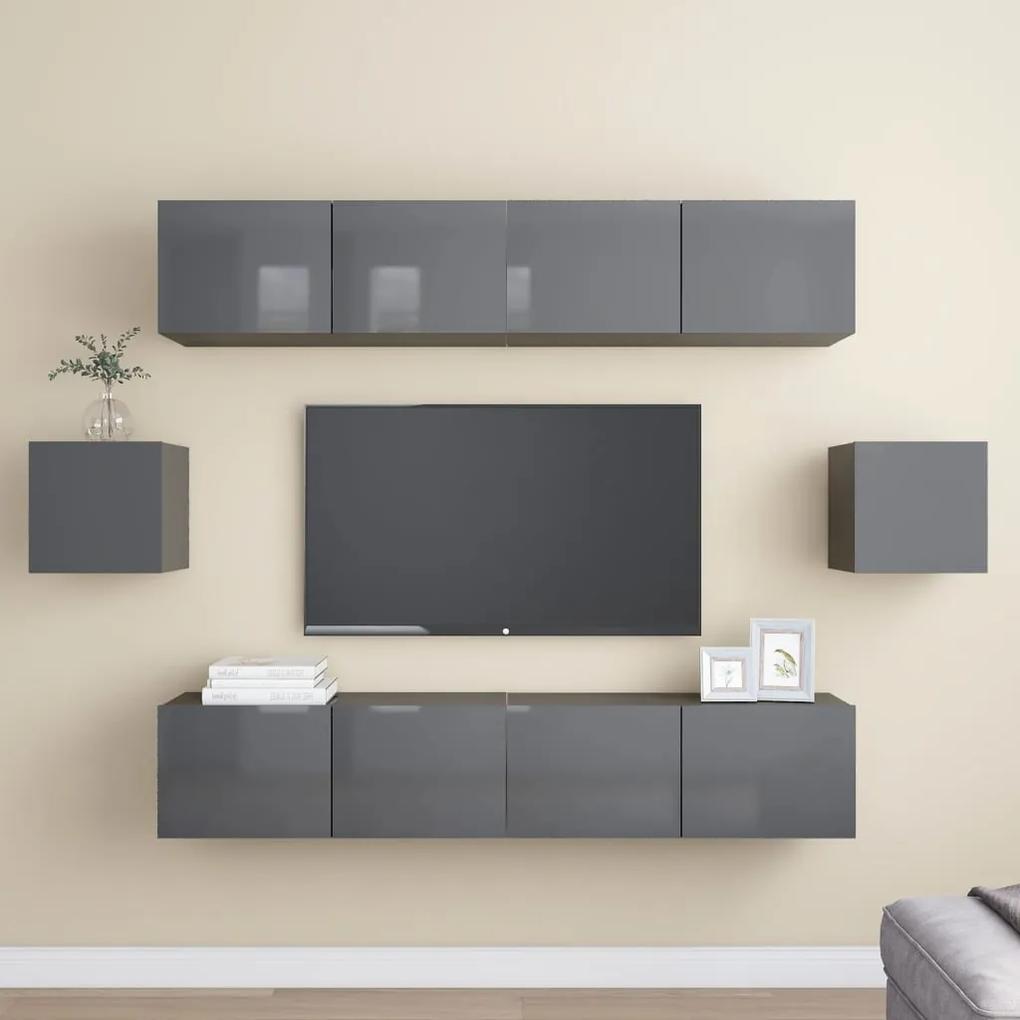 6 pcs conjunto de móveis de TV contraplacado cinzento brilhante