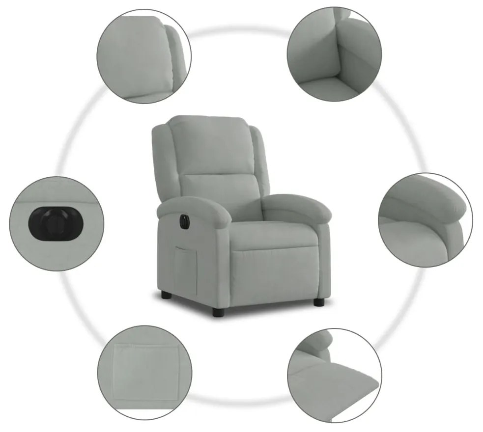 Poltrona reclinável elétrica veludo cinzento-claro