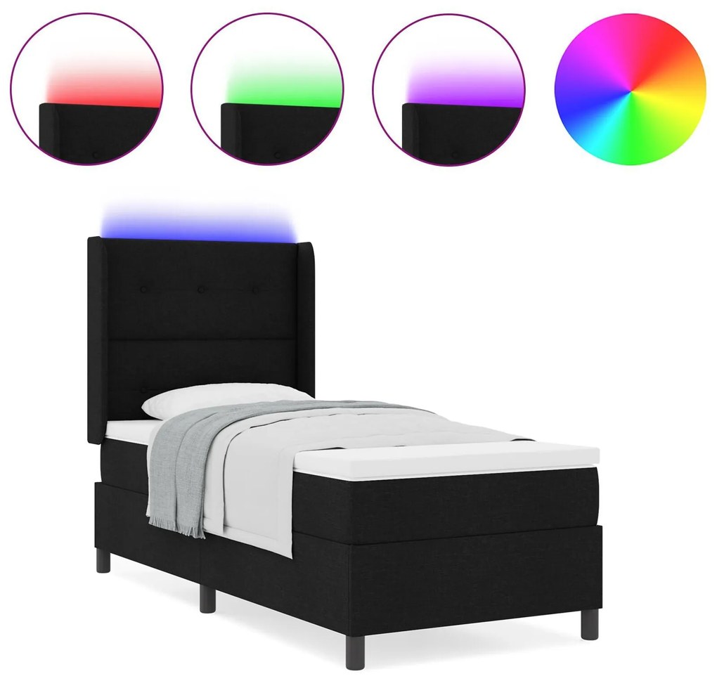 Cama Box Spring com Colchão e LED Preto 90x200 cm Tecido