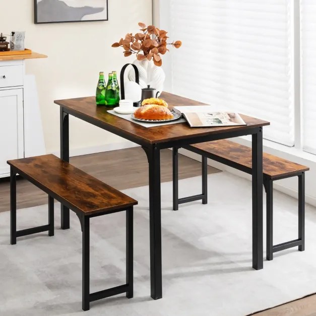 Conjunto de mesa de jantar de 3 peças com estrutura de metal e 2 bancos para 2-4 pessoas móveis de mesa para cozinha Castanho + Preto