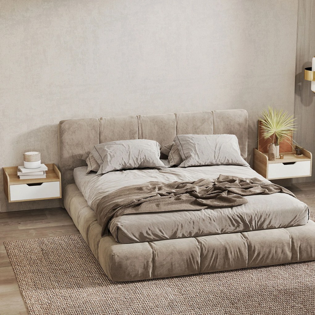 Conjunto de 2 mesas de cabeceira de parede 40 (L) x 30 (P) x 19,5 (A) cm, com gaveta e tampo com rebordos elevados, 40 x 30 x 19,5 cm, cor madeira nat