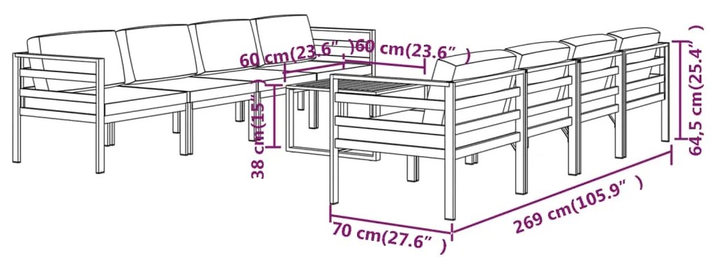 9 pcs conjunto lounge jardim com almofadões alumínio antracite