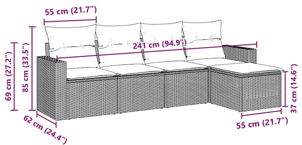 5 pcs conjunto sofás p/ jardim c/ almofadões vime PE castanho