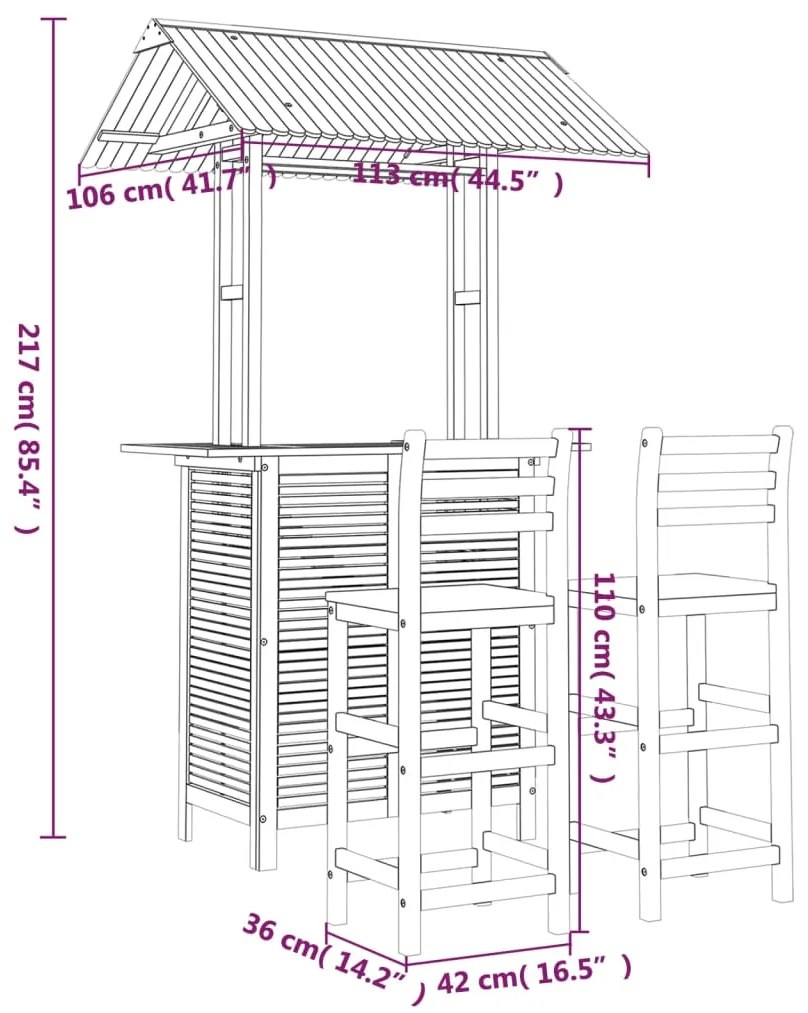 3 pcs conjunto de bar para jardim madeira de acácia maciça