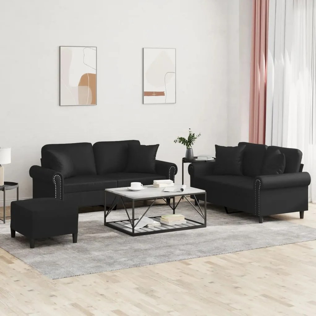 vidaXL 3 pcs conjunto de sofás com almofadas couro artificial preto