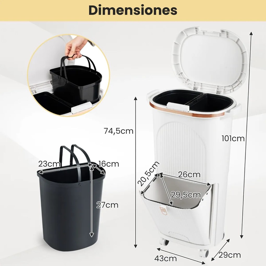 Caixote do lixo 43 x 29 x 74,5 cm para cozinha 38 L com Tampa dupla Camada 2 caixotes removíveis com Pedal e Rodas Branco