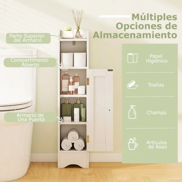 Armário estreito para casa de banho com porta e prateleiras ajustáveis, suporte para rolo de papel higiénico 18 x 19,5 x 80 cm Branco