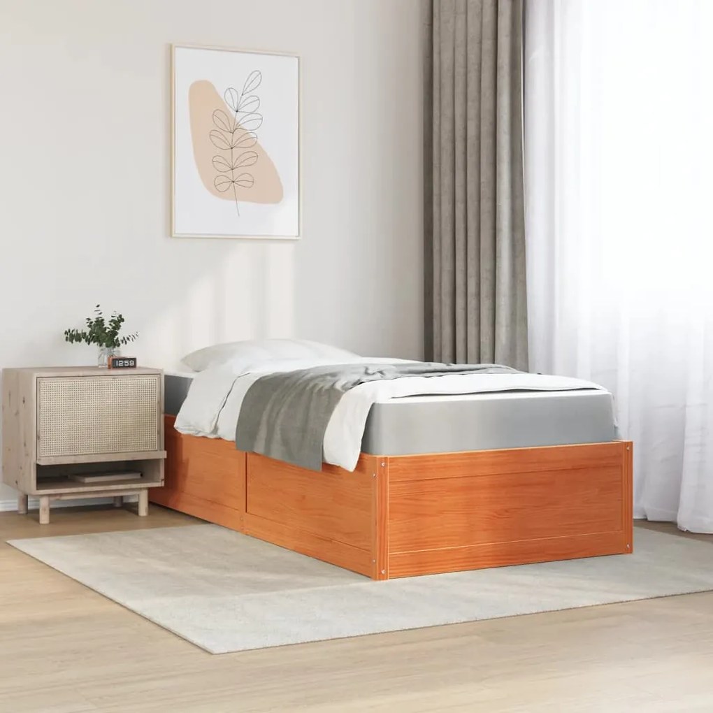 Cama com colchão 100x200 cm pinho maciço castanho-mel