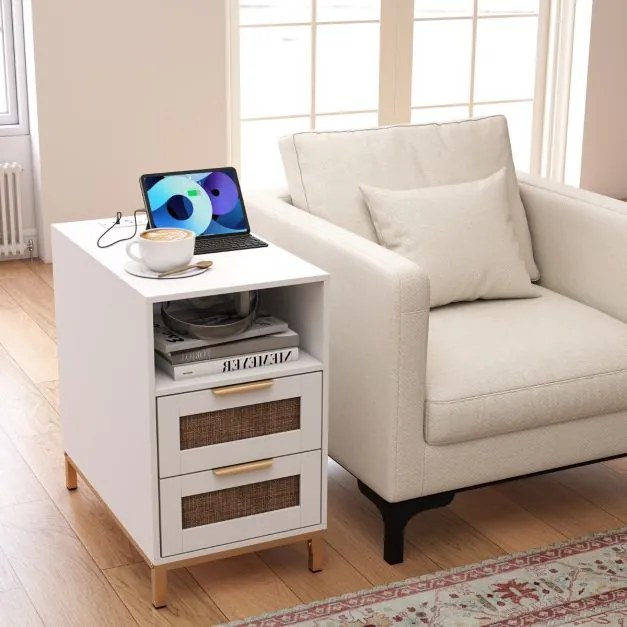 Mesa de cabeceira, Mesa apoio 60 x 35 x 61 cm em rattan com estação de carregamento e 2 gavetas estilo boho branco e dourado