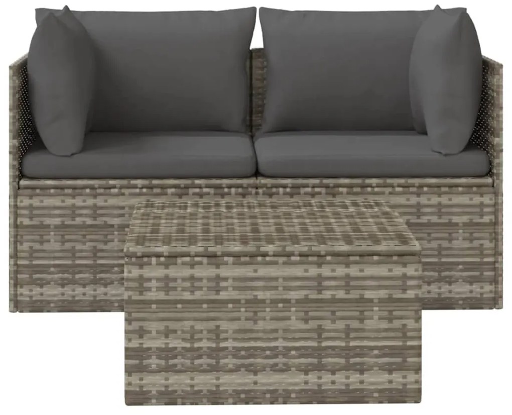 3 pcs conjunto lounge de jardim c/ almofadões vime PE cinzento