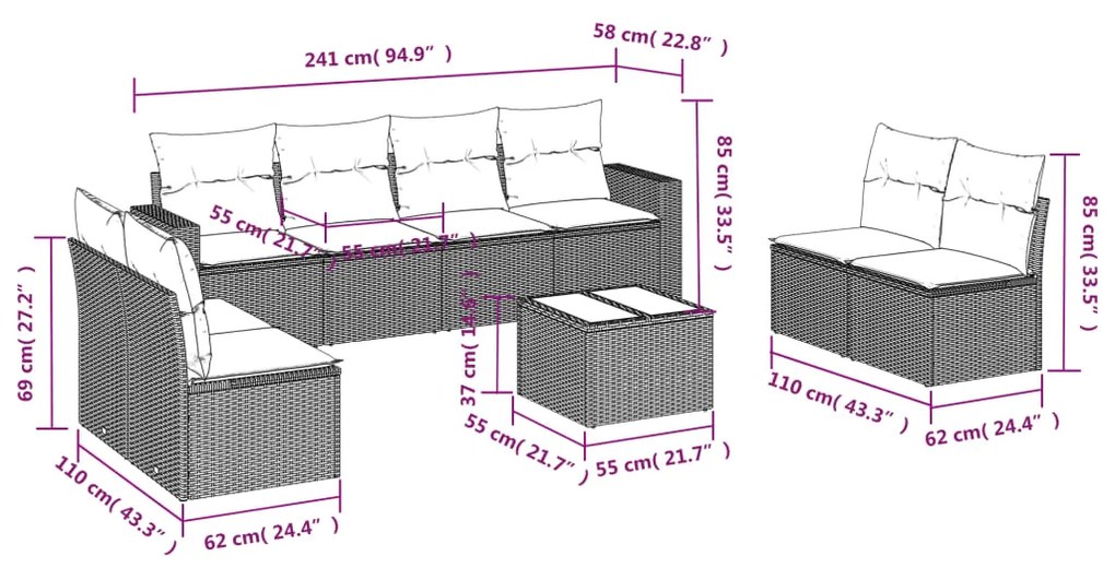 9 pcs conj. sofás jardim com almofadões vime PE cinzento-claro