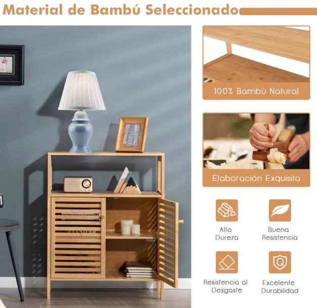 Armário de casa de banho em bambu com Estante Aberta Amovível Porta Dupla 64 x 27,5 x 80 cm Natural