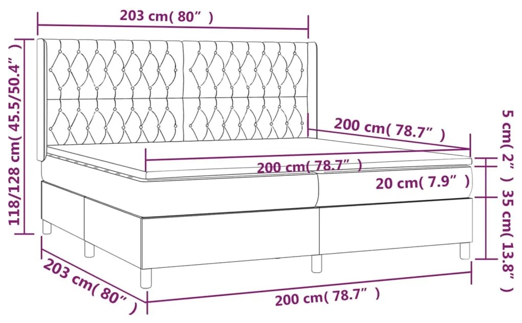 Cama box spring c/ colchão/LED 200x200 cm veludo cinzento-claro