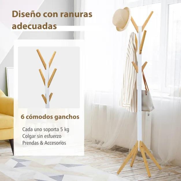 Cabide de Bambu com 6 Ganchos Suporte Independente de Madeira 55 x 55 x 179 cm Natural e Branco
