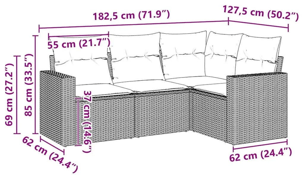4 pcs conjunto de sofás para jardim c/ almofadões vime PE preto