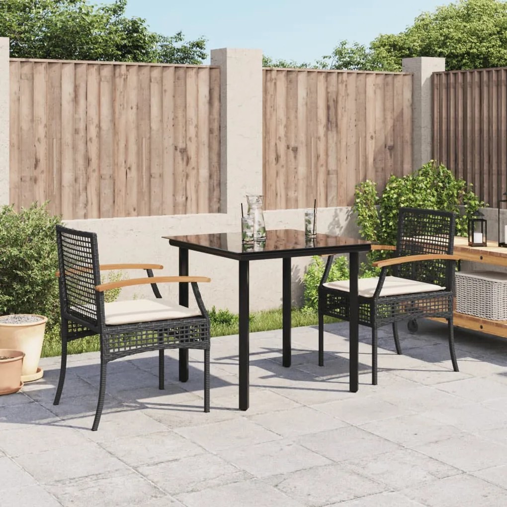 3 pcs conjunto de jantar p/ jardim c/ almofadões vime PE preto