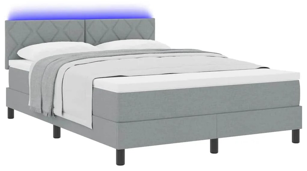 Cama Box Spring com Colchão &amp; LED Cinza Claro 140x200 cm Tecido