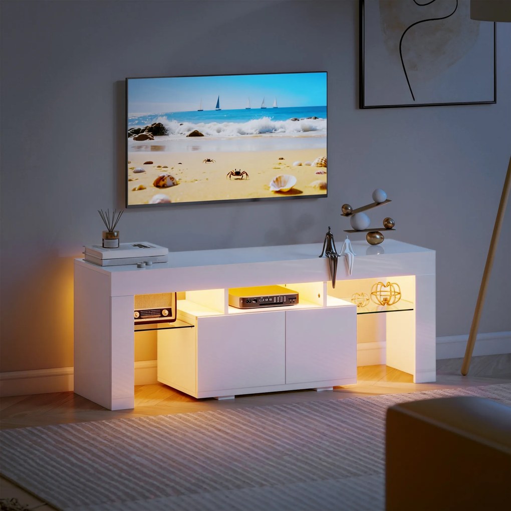 Móvel para televisão com iluminação LED RGB, acabamento de alto brilho, prateleiras em vidro temperado, 120 x 34 x 45 cm, branco