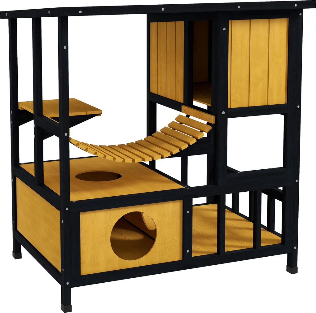 PawHut Casa para Gatos Toca para Gatos Abrigo para Gatos, resistente às intempéries, 1 rampa, 1 plataforma,  84,5 x 60 x 88 cm, Verde + Natural | Aosom Portugal