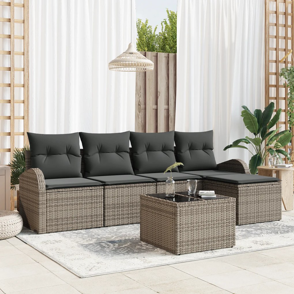 Conjunto de Sofá de Jardim de 5 Peças com Almofadas de Rattan Poliéste
