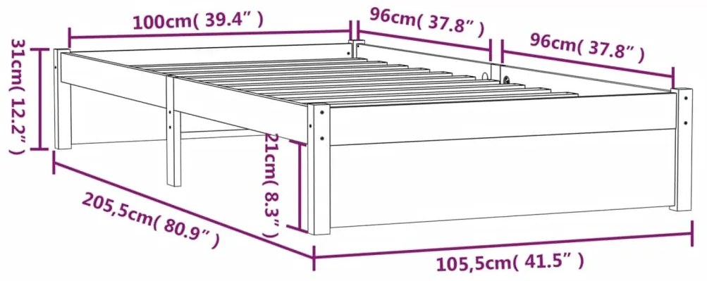 Estrutura de cama 100x200 cm madeira maciça