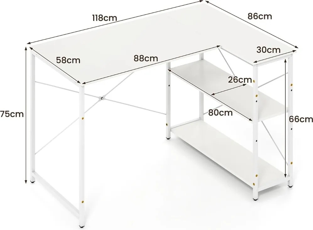 Secretária em forma de L 118 x 86 x 75 cm com prateleira ajustável e estrutura metálica resistente para escritório Branco