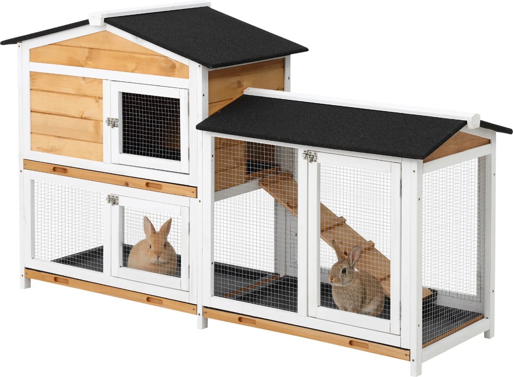PawHut Coelheira de Madeira Exterior Gaiola para Coelhos de 2 Níveis com Teto Asfáltico 2 Cercados de Metal Bandeja Removível 3 Portas e Rampa 157,4x53x93,5cm Natural | Aosom Portugal