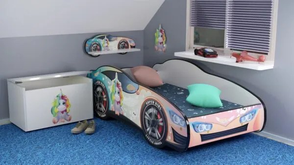 CAMA INFANTIL MENINA  C/ LEDS E OFERTA COLCHÃO ESPUMA Racing Car Girl 140 x 70 - UNICORNIO ROSA