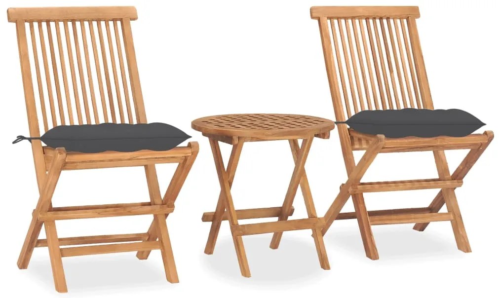 3 pcs conj. jantar dobrável exterior c/ almofadão teca maciça