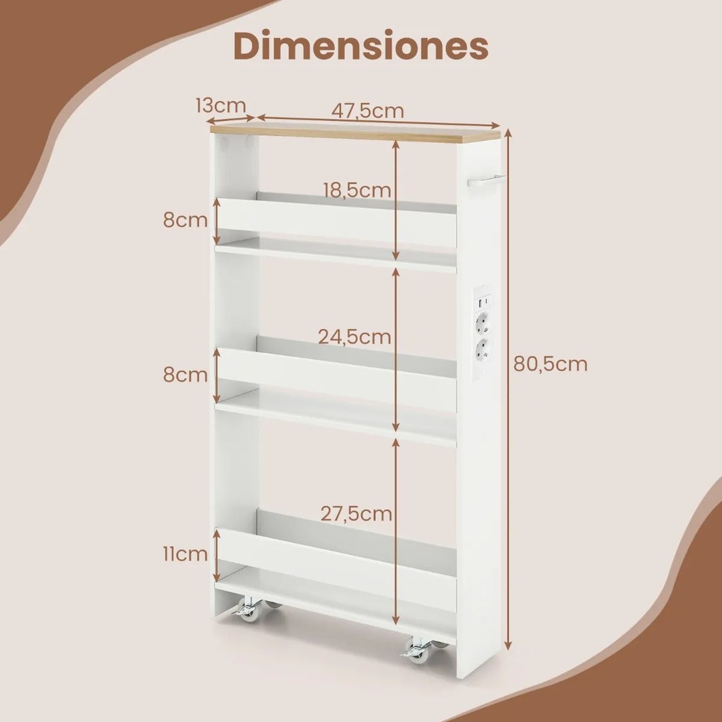 Carrinho cozinha estreito 47,5 x 13 x 80,5 cm com estação de carregamento de 4 níveis com rodas bloqueáveis Branco + Natural