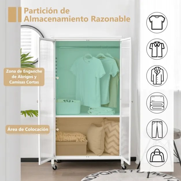 Armário guarda roupa de metal com haste suspensa e prateleira ajustável organizador de roupas para quarto 80,5 x 36,5 x 147 cm branco
