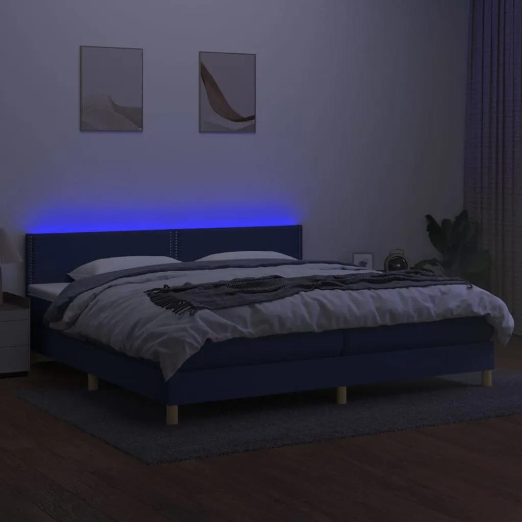 Cama box spring c/ colchão e LED 200x200 cm tecido azul