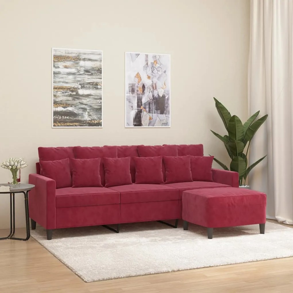 vidaXL Sofá de 3 lugares com apoio de pés 180 cm veludo vermelho tinto