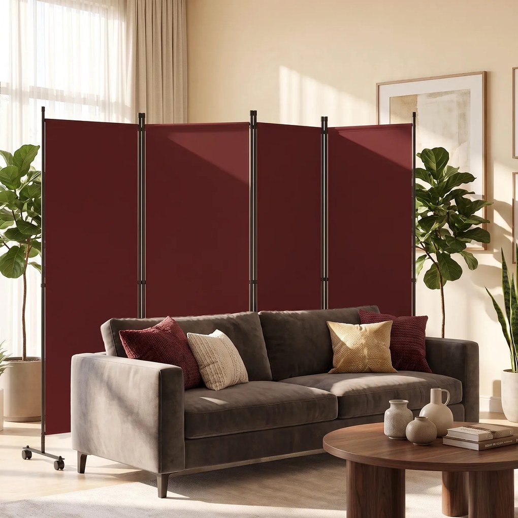Biombo Separador de Ambientes Dobrável de 4 Painéis, 221 x 35,5 x 173 cm, Rodas Multidirecionais com Travão, Castanho