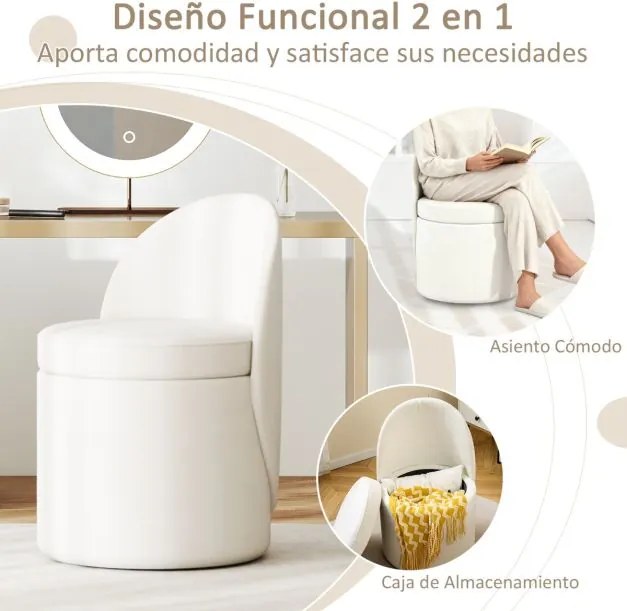 Banco com encosto para Toucador estofada com assento acolchoado Design cilíndrico moderno Branco