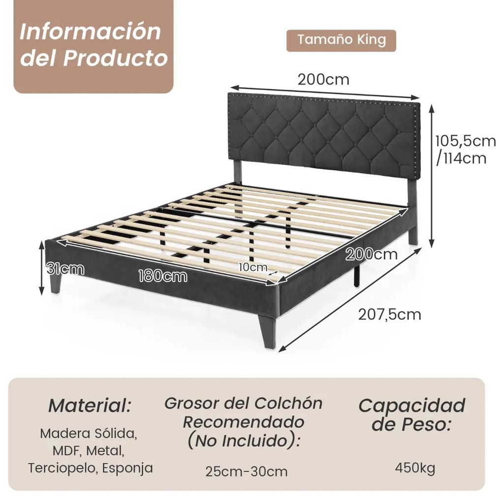 Estrutura Cama 200 x 180 cm em madeira estofada (Sem colchão), estrutura moderna com cabeceira acolchoada, botões para colchão, fácil montagem, cinza