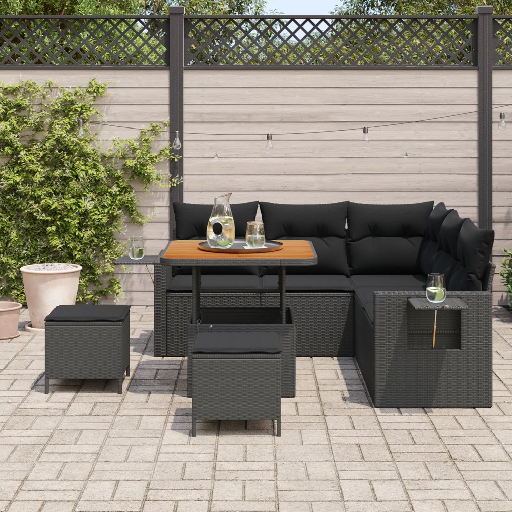 Conjunto de Sofá de Jardim de 8 Peças com Almofadas Preto Polyrattan A