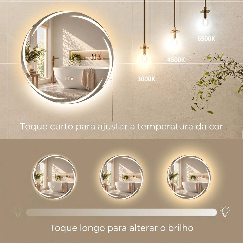 Espelho Redondo LED para Casa de Banho 60x60 cm de Parede com Antiembaciamento Memória 3 Temperaturas de Cor e Brilho Regulável