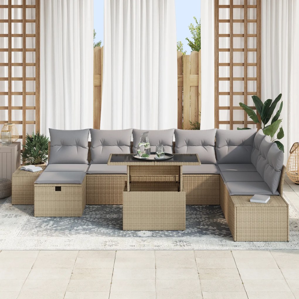 Conjunto de Sofá de Jardim 9 Peças com Almofadas Bege Vime PE
