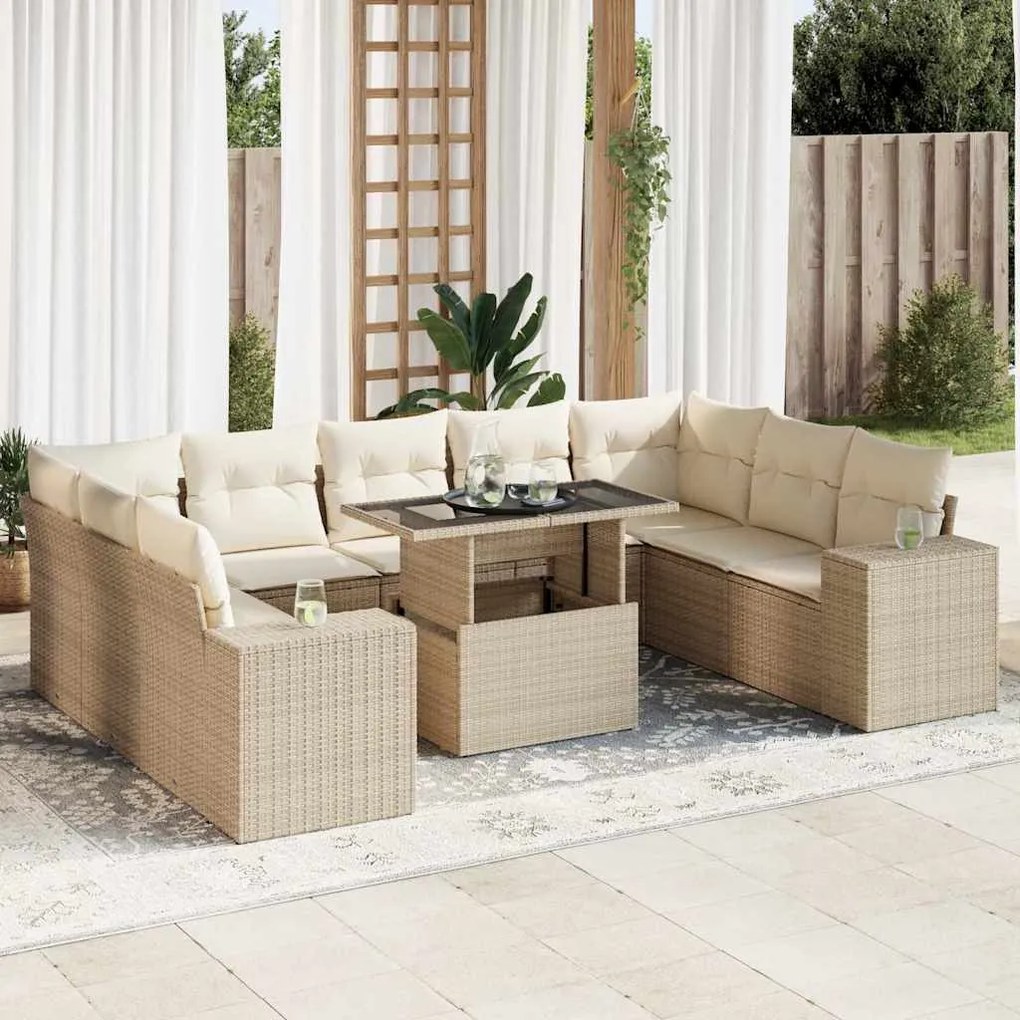 10 pcs conjunto de sofás p/ jardim com almofadões vime PE bege