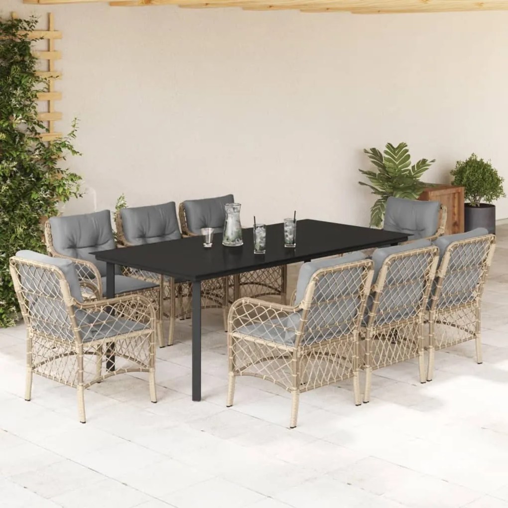 9 pcs conj. jantar jardim c/ almofadões vime PE bege misturado