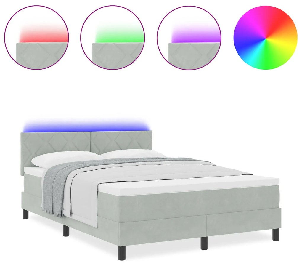 Cama Box com Colchão e Luz LED Cinza Claro 140x200 cm Veludo
