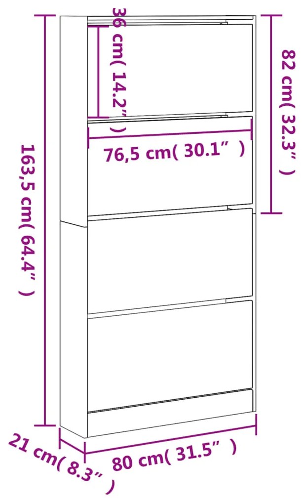 Sapateira c/ 4 gavetas articuladas 80x21x163,5 cm cinza cimento