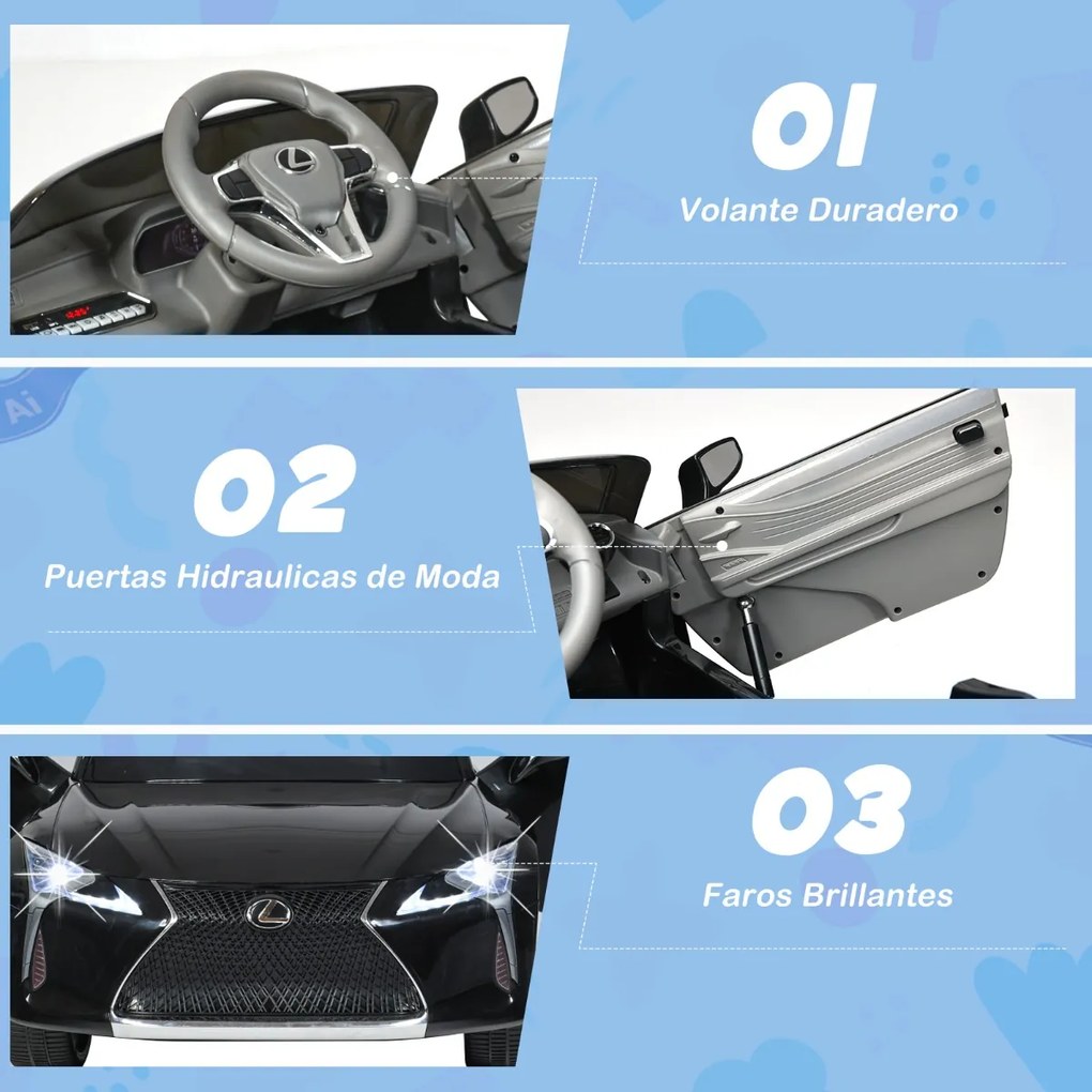 Carro elétrico para crianças Lexus com licença oficial com bateria 12V e controlo remoto 2.4G Luzes LED brilhantes e música Preto