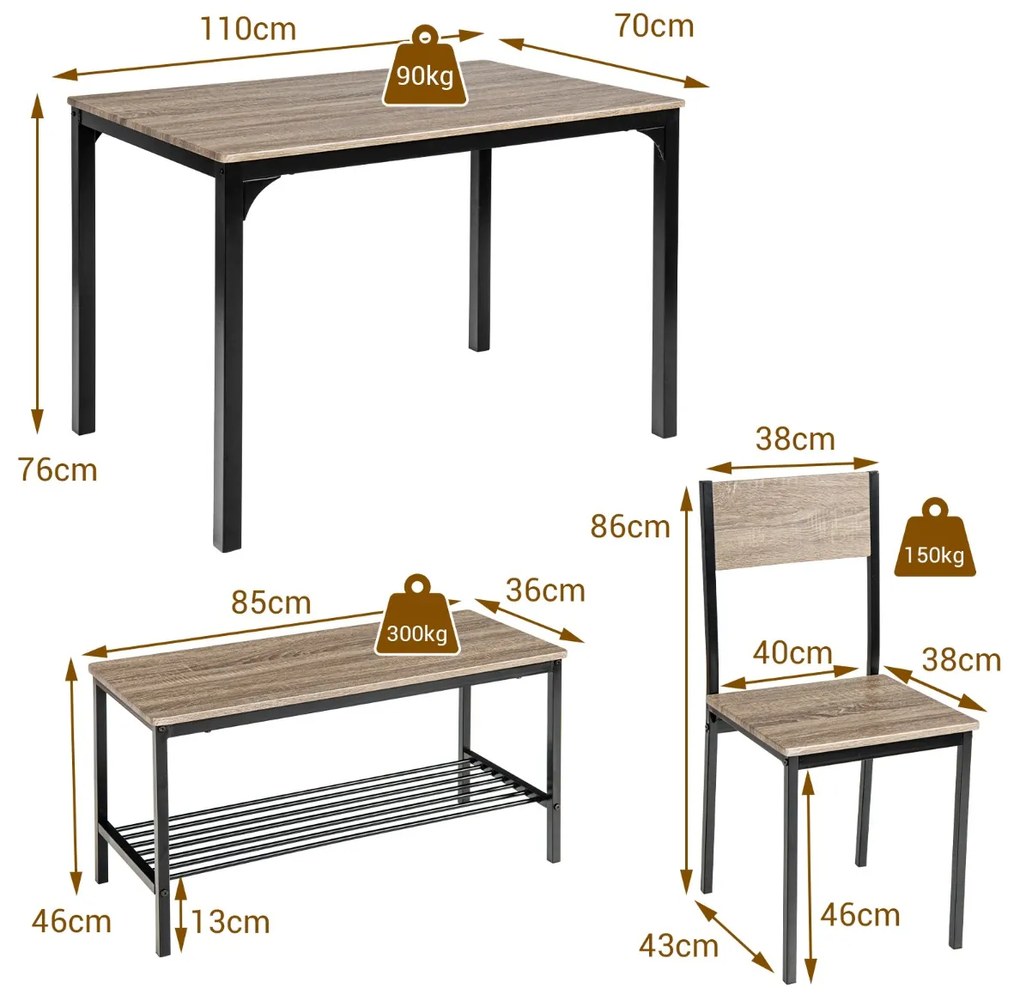 Conjunto de mesa de cozinha com 2 cadeiras e 1 banco Estrutura metálica e estante Cinzento