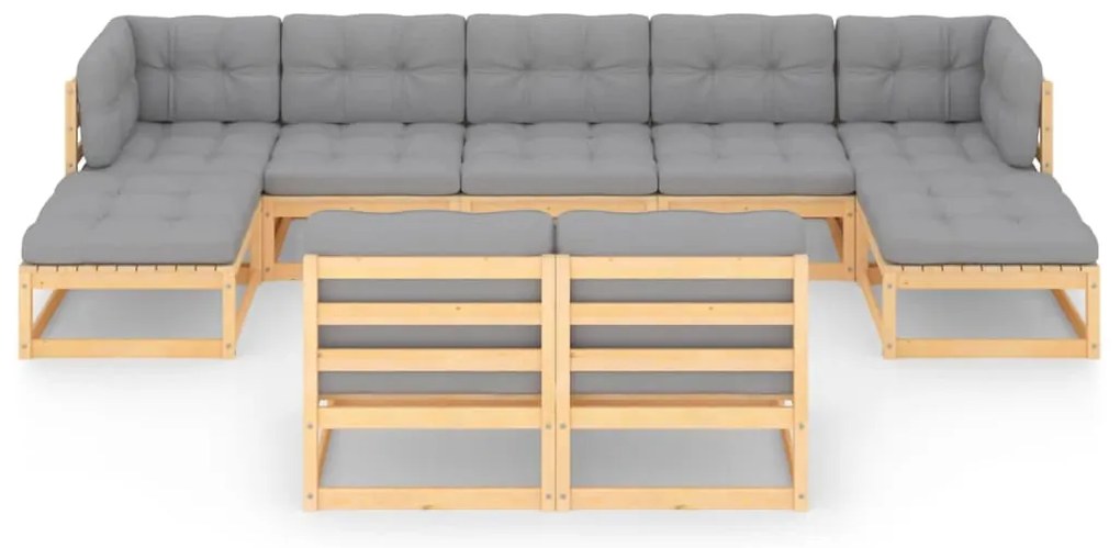 9 pcs conjunto lounge de jardim c/ almofadões pinho maciço