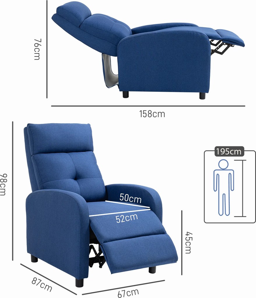 Poltrona Relax Reclinável até 155° Poltrona Reclinável Manual para Pessoas com Altura Inferior 195 cm 67x87x98 cm Azul Escuro