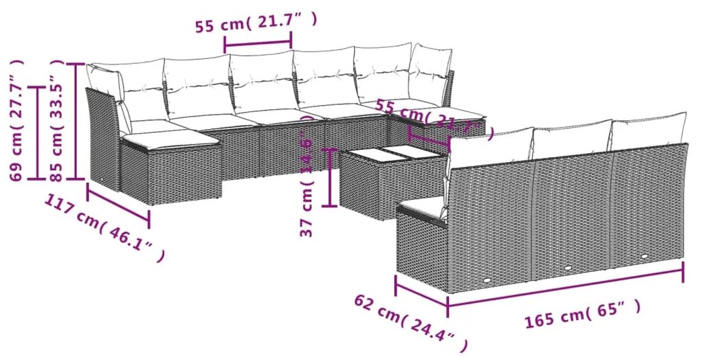 11 pcs conjunto sofás de jardim c/ almofadões vime PE bege